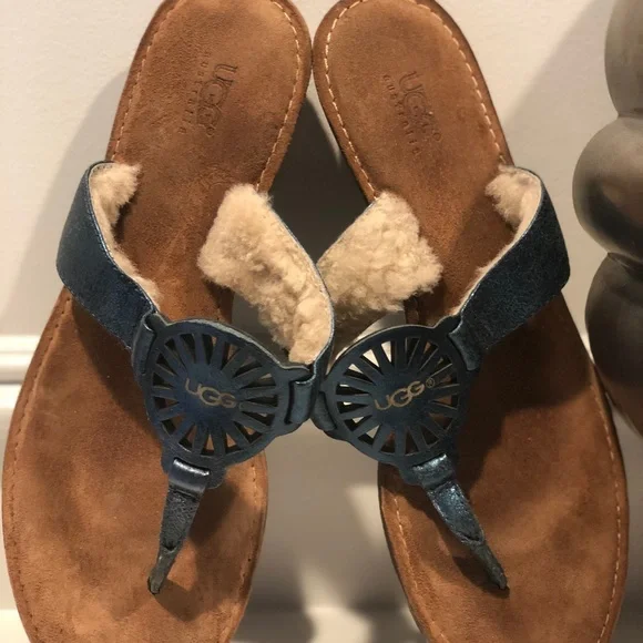 UGG Shoes Ugg Leather Flip Flop Sherpa Lining Metallic Blue